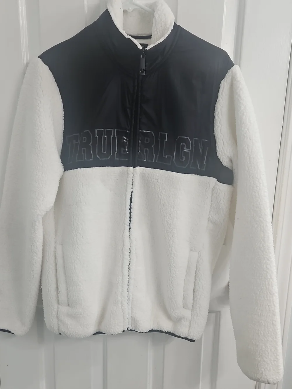 True Religion Black and White Sherpa Zip-Up Jacket